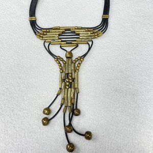 Alexis Kirk 1980s Rare Brass and Leather Beaded Necklace
